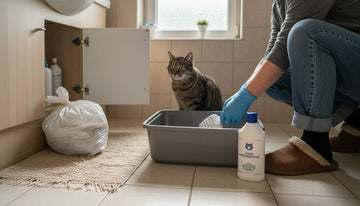 Eine Katze und ihr Mensch bereiten gemeinsam das Säubern der Katzentoilette vor.