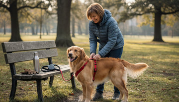 Eine Frau legt ihrem Hund im Park ein Geschirr an.
