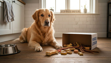 Ein Golden Retriever sitzt auf dem Boden, umgeben von verschiedenen Hundeleckerlis.