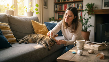 Eine Frau bürstet ihre getigerte Katze entspannt auf dem sonnendurchfluteten Sofa.