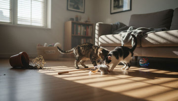 Auf dem Wohnzimmerboden tollen Katzen vergnügt mit ihren Spielsachen herum.