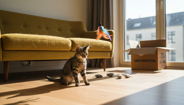 Eine getigerte Katze tollt vergnügt mit einem Feder-Spielzeug durch die helle Wohnung.