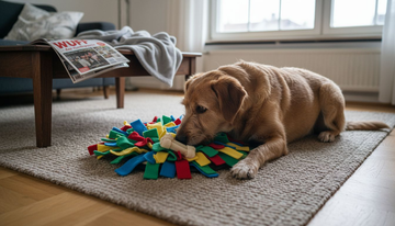 Mit viel Spürsinn durchstöbert der Hund den Schnüffelteppich auf der Suche nach seinem Leckerli.