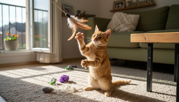 Eine getigerte Katze tollt vergnügt mit ihrem Spielzeug durch das sonnendurchflutete Wohnzimmer.