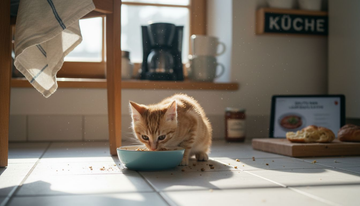 Ein kleines Kätzchen frisst aus seinem Keramiknapf in der Küche.