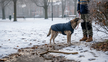 Ein Hund spaziert im verschneiten Park und trägt dabei einen warmen Mantel.