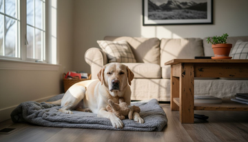 Ein Labrador macht es sich gemütlich auf seiner Hundedecke im Wohnzimmer.