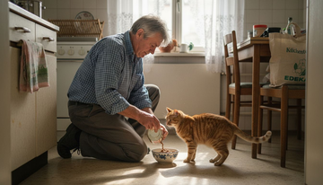 Ein Mann steht in seiner gemütlichen Küche und füllt liebevoll Futter in den Napf seiner Katze.