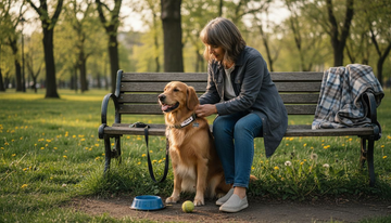 Hundebesitzer legt seinem Vierbeiner Halsband, Leine und passendes Zubehör an.