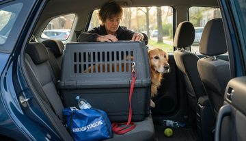 Der Hund fährt im Auto natürlich angeschnallt oder in einer Transportbox mit, damit er sicher unterwegs ist.