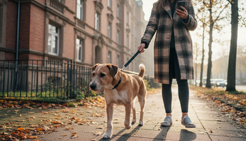 Eine Frau geht mit ihrem Hund an der Leine spazieren.