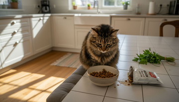 Eine getigerte Katze genießt ihr frisches Futter auf der Küchenarbeitsplatte.