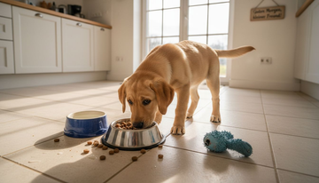 In der sonnendurchfluteten Küche genießt ein kleiner Welpe sein spezielles Futter.