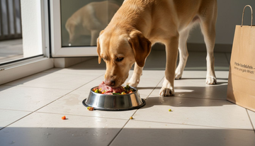 Ein Labrador genießt sein frisches BARF-Menü direkt in der Küche.