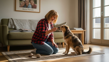 Eine Frau bringt ihrem Hund im gemütlichen Wohnzimmer neue Tricks bei.