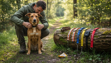 Ein Hund trägt verschiedene Outdoor-Halsbänder und erkundet dabei einen Wald.
