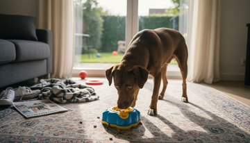 Ein Hund beschäftigt sich zu Hause mit seinem interaktiven Spielzeug.