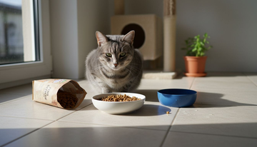 Die Katze beäugt neugierig ihr Futter im Napf.
